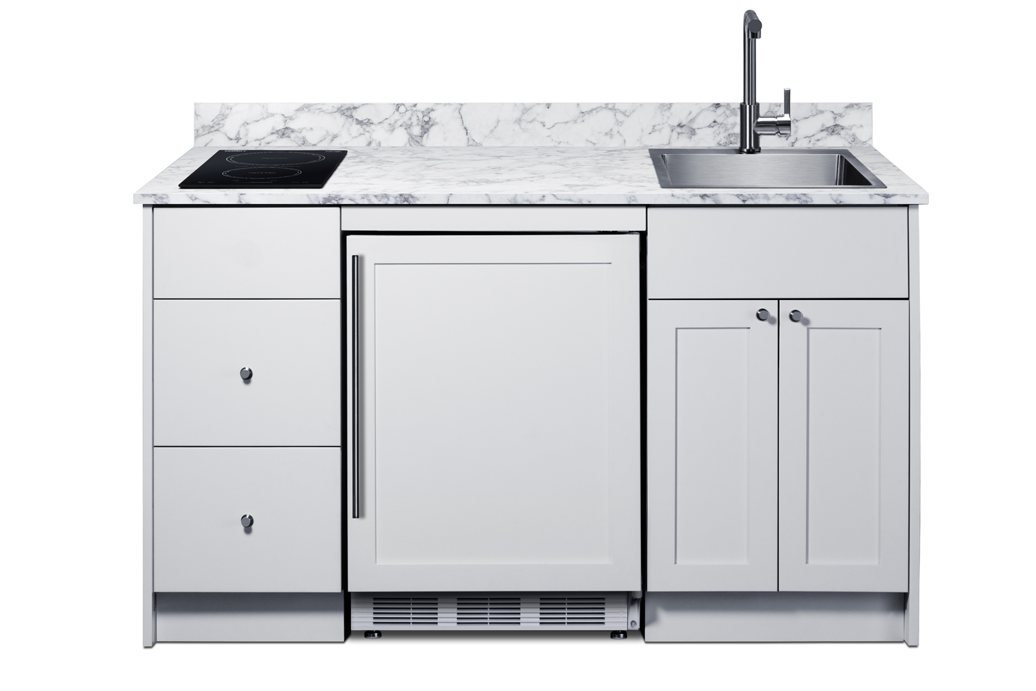 Turnkey Caldera Kitchen featuring pre-assembled cabinetry and countertop in white, complete with ENERGY STAR certified refrigerator-freezer, ENERGY STAR certified 115V induction cooktop, storage drawers, and sink with faucet; ships in two boxes on one pallet